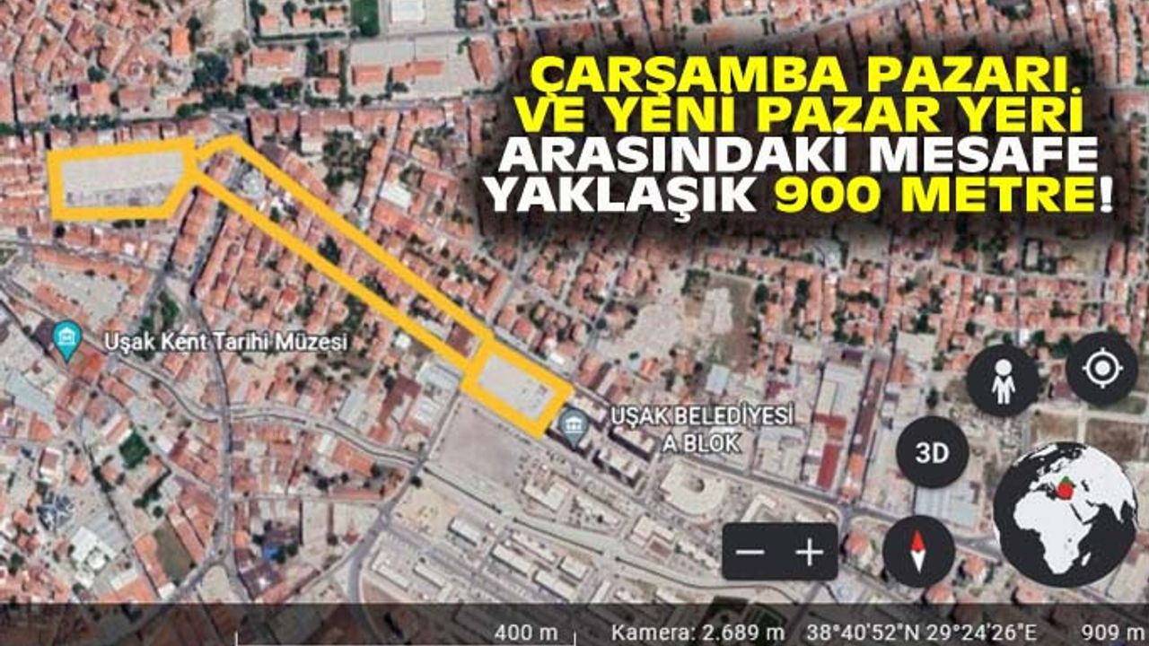 Çarşamba pazarından yeni pazaryerine mesafe 900 metre civarında...